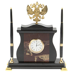 Часы настольные с Гербом России и 2-мя шариковыми ручками в комплекте Stone Clock варинант исполнения - 4 | Loft Concept в Новосибирске