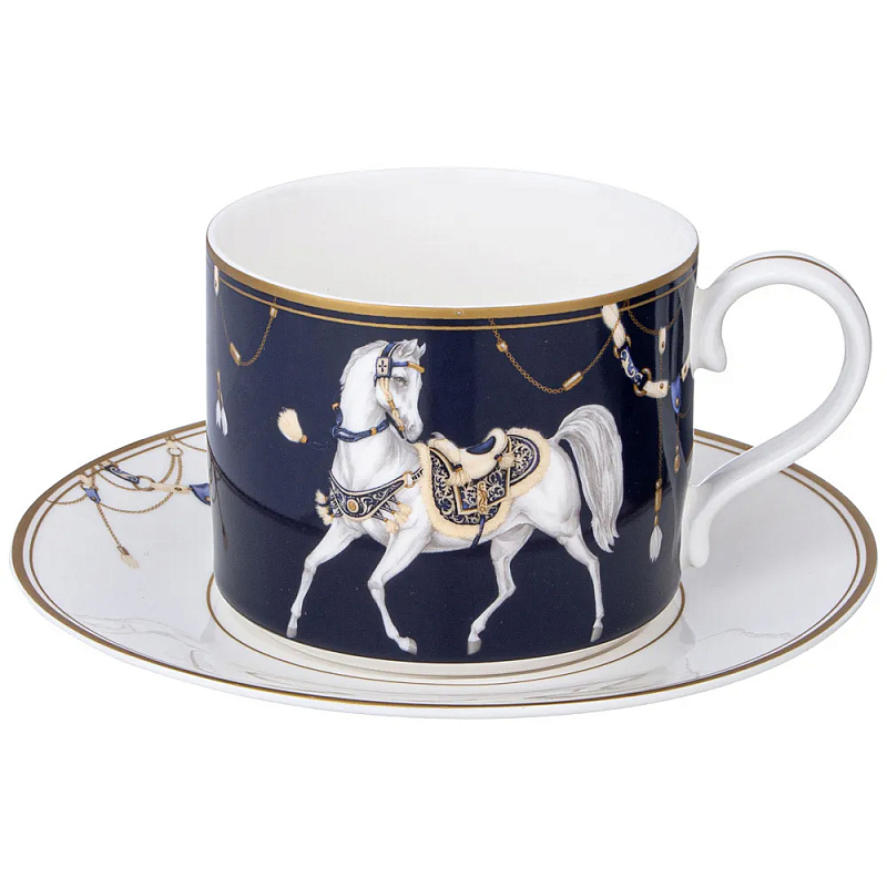 Чайная пара из фарфора с изображением лошади 300 мл Porcelain Horse Set  Белый Синий Золотой в Новосибирске | Loft Concept 