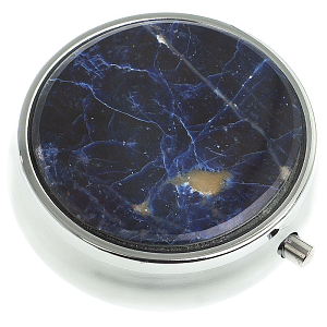 Таблетница карманная круглая с 3-мя отделениями с зеркалом и накладкой из натурального камня Содалит Silver Stone Pillboxes