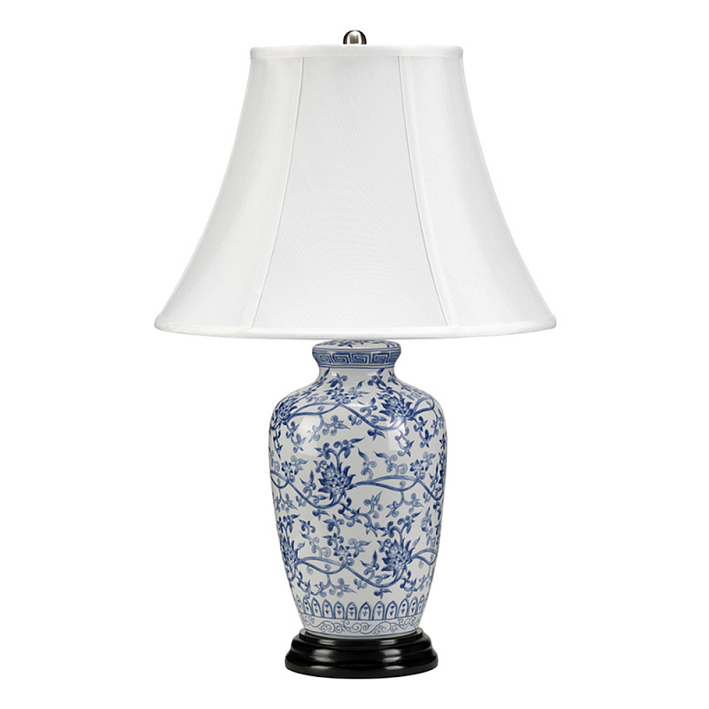 Настольная лампа с фарфоровым основанием с декоративным орнаментом и белым абажуром на темной круглой подставке Elstead Lighting Белый Синий Никель Черный Золотой Серебряный в Новосибирске | Loft Concept 