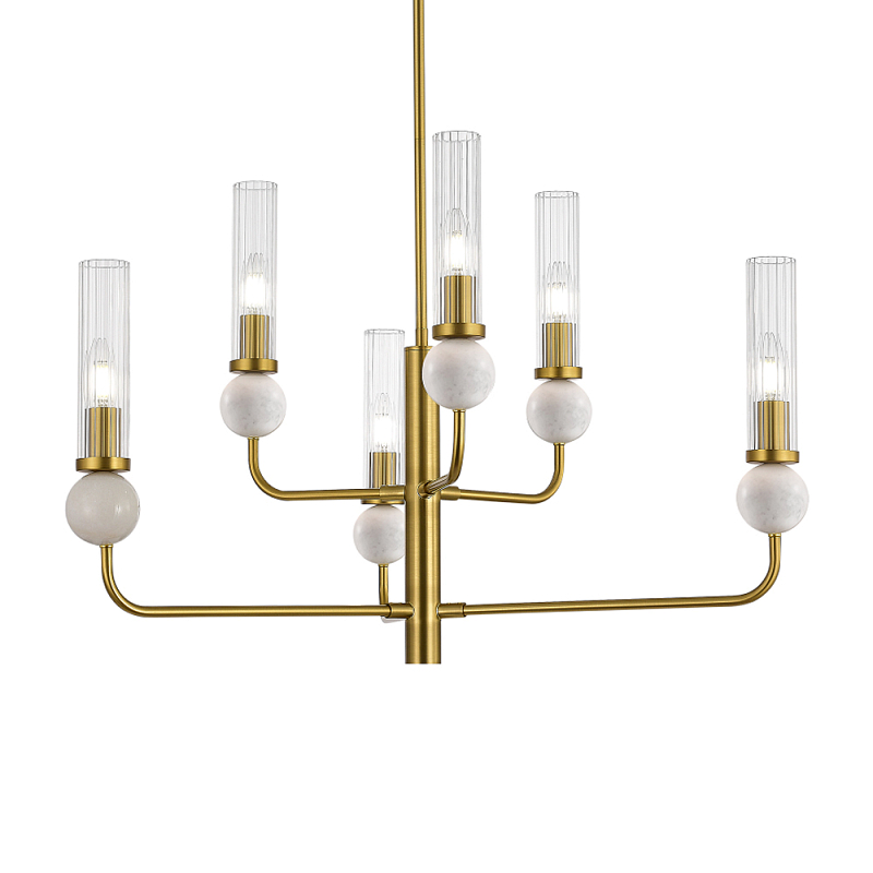 Люстра с 6-ю плафонами в форме стеклянных трубок и мраморных декоративных элементов Montreal Белый Латунь Прозрачный в Новосибирске | Loft Concept 