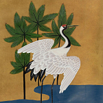 Обои ручная роспись Tsuro Cranes Original colourway on Gold Bullion gilded silk варинант исполнения - 1 | Loft Concept в Новосибирске