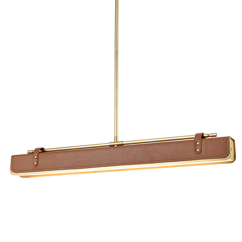 Подвесной светильник линейный латунного цвета в кожаном коричневом чехле и декоративными ремешками Alora Латунь Коричневый в Новосибирске | Loft Concept 