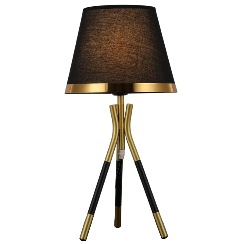 Настольная лампа с коричневым тканевым абажуром Black Tripod Черный Золотой Коричневый в Новосибирске | Loft Concept 