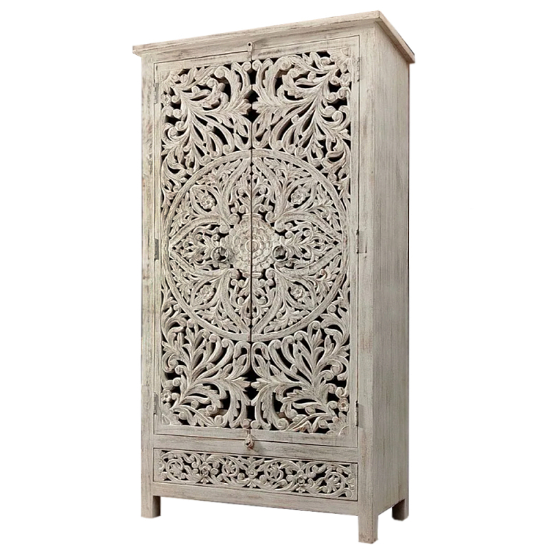 Шкаф с орнаментом ручная резьба из дерева Indian Antique Furniture Серый Шкаф с орнаментом ручная резьба из дерева Indian Antique Furniture Серый в Новосибирске | Loft Concept