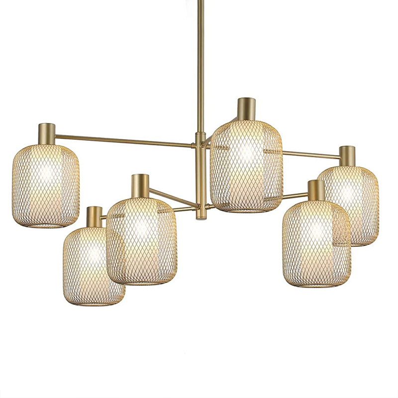 Люстра потолочная с абажурами из металлической сетки Loft Grid Pendant Gold Черный Золотой в Новосибирске | Loft Concept 