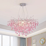 Люстра серебрянная с розовыми стеклянными подвесками в форме капель FAIRYTREE Light варинант исполнения - 1 | Loft Concept в Новосибирске