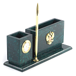 Настольный письменный набор с гербом России и часами из природного камня змеевик Successful Leader варинант исполнения - 2 | Loft Concept в Новосибирске