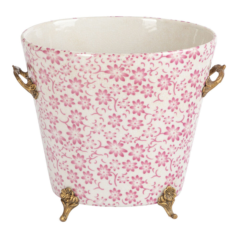 Кашпо из белого фарфора с розовым цветочным орнаментом Eden Garden Розовый Белый Бронза в Новосибирске | Loft Concept 