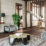 Дизайнерский журнальный стол округлой формы чёрный с золотой столешницей Fufem варинант исполнения - 3 | Loft Concept в Новосибирске