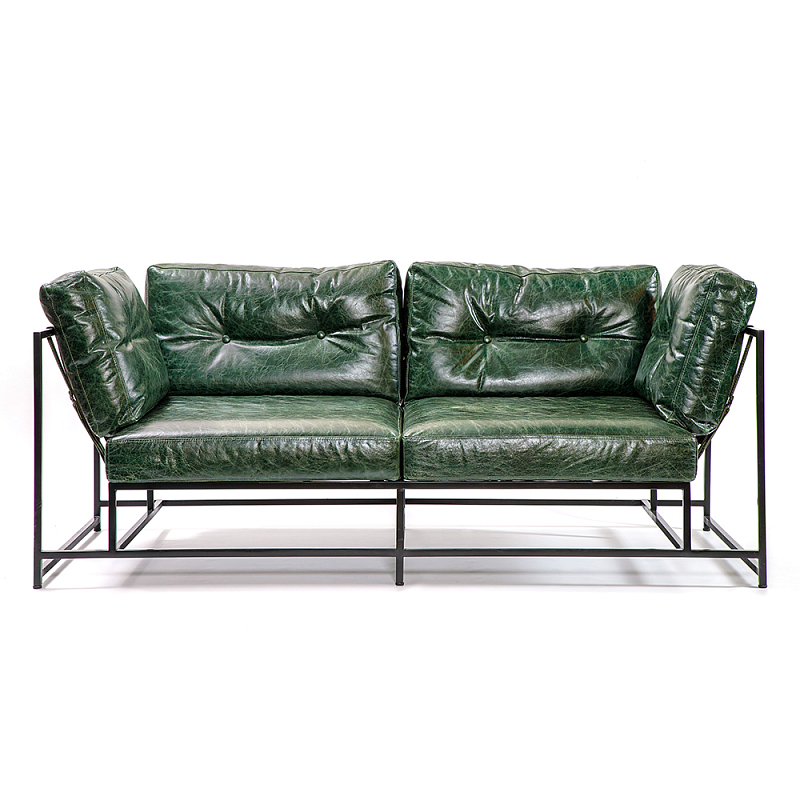 Диван Лофт Натуральная Винтажная кожа Зеленый Two Seat Encounter Leather Sofa Изумрудный Черный в Новосибирске | Loft Concept 