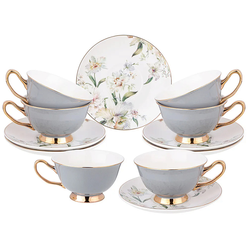 Чайный набор из фарфора на 6 персон Grey Tea Porcelain Set Белый Золотой Серый в Новосибирске | Loft Concept 