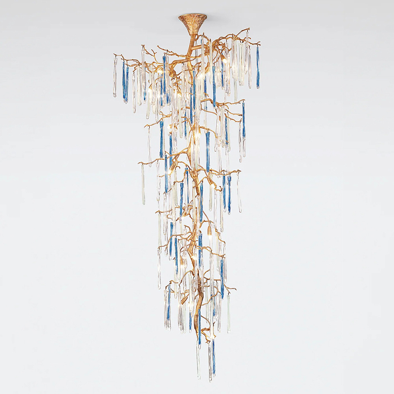 Люстра каскадная с прозрачными и голубыми подвесками в форме капель Droplet Chandelier Золотой Прозрачный Голубой Люстра каскадная с прозрачными и голубыми подвесками в форме капель Droplet Chandelier Золотой Прозрачный Голубой в Новосибирске | Loft Concept