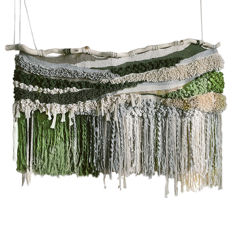 Дизайнерское текстильное Панно с зелеными вставками Бежевый Коричневый Зеленый в Новосибирске | Loft Concept 