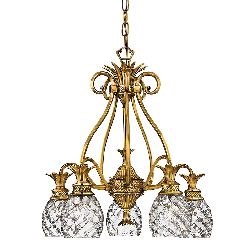 Люстра цвета латунь с 5-ю плафонами из рельефного стекла в форме ананаса Hinkley Латунь Прозрачное Стекло в Новосибирске | Loft Concept 