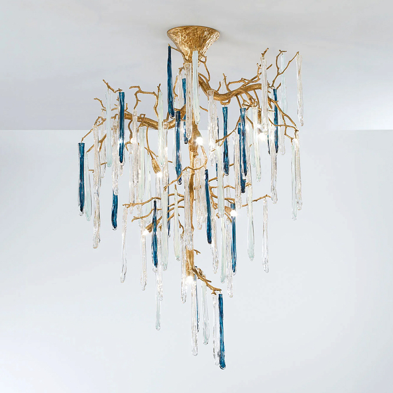 Люстра с прозрачными и голубыми подвесками в форме капель Droplet Chandelier Золотой Прозрачный Синий Люстра с прозрачными и голубыми подвесками в форме капель Droplet Chandelier Золотой Прозрачный Синий в Новосибирске | Loft Concept