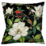 Декоративная подушка чёрная с изображением птицы в саду Blooming Red Birds варинант исполнения - 1 | Loft Concept в Новосибирске