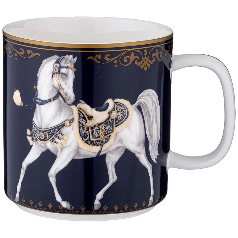 Кружка из фарфора синяя с изображением лошадей 400 мл Porcelain Horse Set Белый Синий Золотой в Новосибирске | Loft Concept 