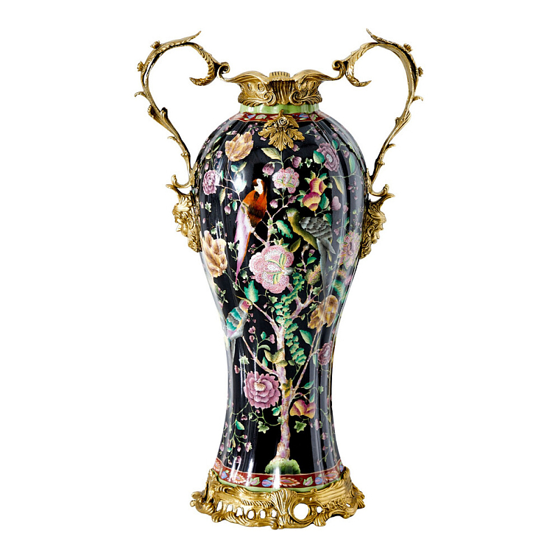 Ваза из фарфора черная с цветочной росписью и бронзовыми элементами Spring Garden Бронза Мульти Черный в Новосибирске | Loft Concept 