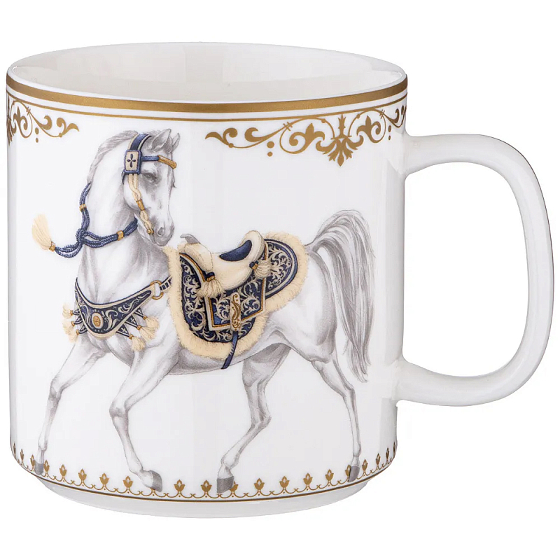 Кружка из фарфора белая с изображением лошади 400 мл Porcelain Horse Set Белый Синий Золотой в Новосибирске | Loft Concept 