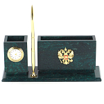 Настольный письменный набор с гербом России и часами из природного камня змеевик Successful Leader варинант исполнения - 1 | Loft Concept в Новосибирске