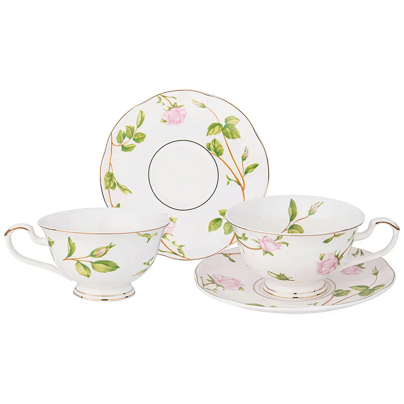 Чайный набор из фарфора белый с цветочным принтом на 2 персоны 4 предмета Flower Porcelain Collection Белый Мульти в Новосибирске | Loft Concept 