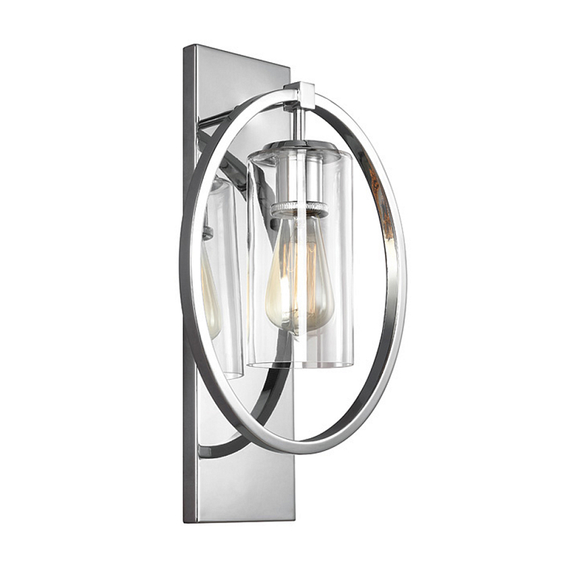 Бра цвета хром с круглой рамой и цилиндрическим прозрачным стеклянным плафоном на прямоугольном основании Feiss Хром Прозрачное Стекло в Новосибирске | Loft Concept 