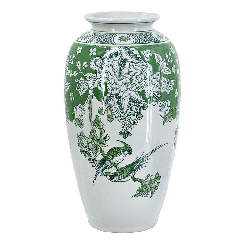 Ваза высокая с зелеными цветочными и птичьими мотивами Vase Inspired by Nature Зеленый Белый в Новосибирске | Loft Concept 