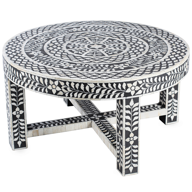 Стол кофейный черно-белый орнамент BONE INLAY ROUND COFFEE TABLE Черный ivory ( слоновая кость ) Стол кофейный черно-белый орнамент BONE INLAY ROUND COFFEE TABLE Черный ivory ( слоновая кость ) в Новосибирске | Loft Concept