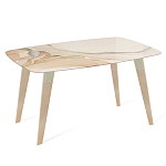 Обеденный стол с прямоугольной бежевой столешницей из стекла на 4-х деревянных ножках Beige Marble варинант исполнения - 1 | Loft Concept в Новосибирске