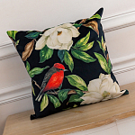 Декоративная подушка чёрная с изображением птиц и цветов Blooming Reds Birds варинант исполнения - 2 | Loft Concept в Новосибирске