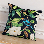 Декоративная подушка чёрная с изображением птиц и цветов  Blooming Blue Birds варинант исполнения - 2 | Loft Concept в Новосибирске