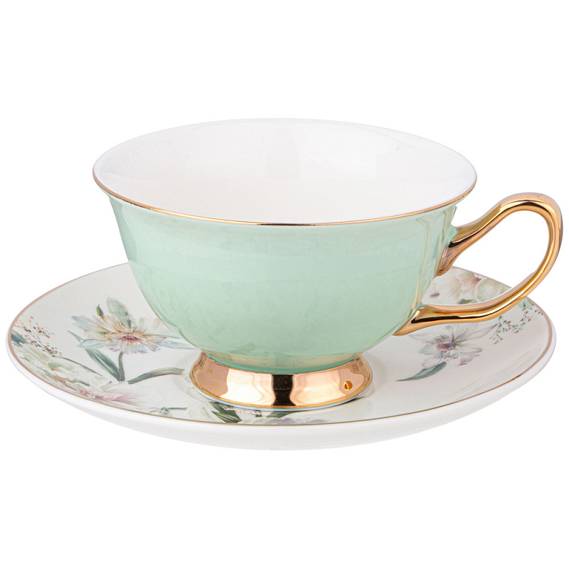 Чайная пара из фарфора 200 мл Green Tea Porcelain Set Белый Золотой Зеленый в Новосибирске | Loft Concept 